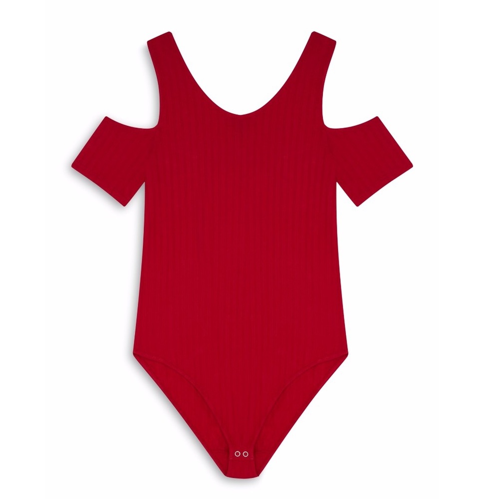 Red Ribbed Cold Shoulder Bodysuit